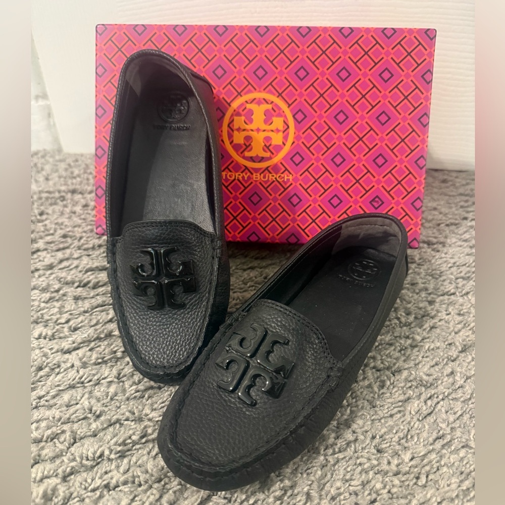 Tory Burch Black Logo Leather Driving Loafers